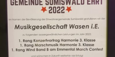 Urkunde von Gemeinde Sumiswald ehrt 2022 für die MG Wasen