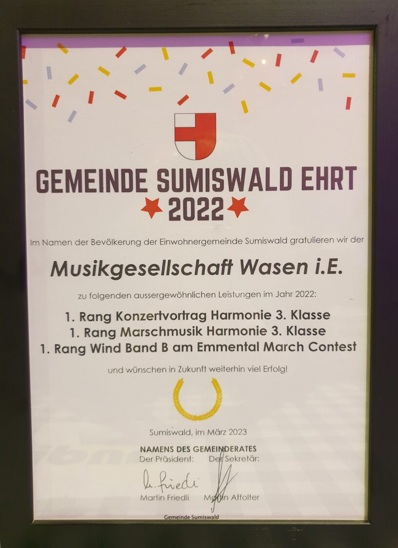 Urkunde von Gemeinde Sumiswald ehrt 2022 für die MG Wasen