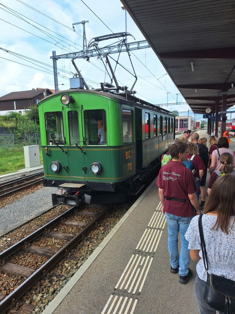 Schmalspurbahn mit Musikanten auf dem Perron